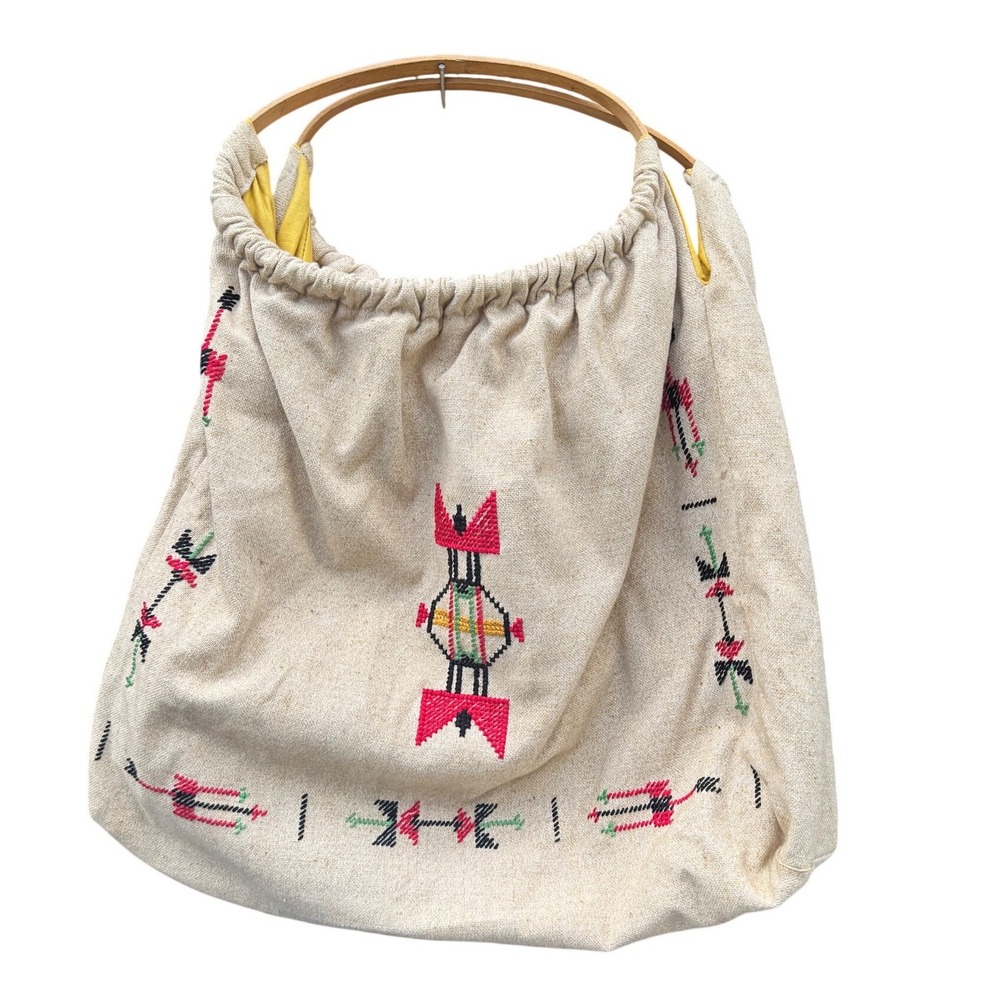 Vintage Boho Embroidered Canvas Hobo Bag Wooden Handle Southwestern Tote Cream